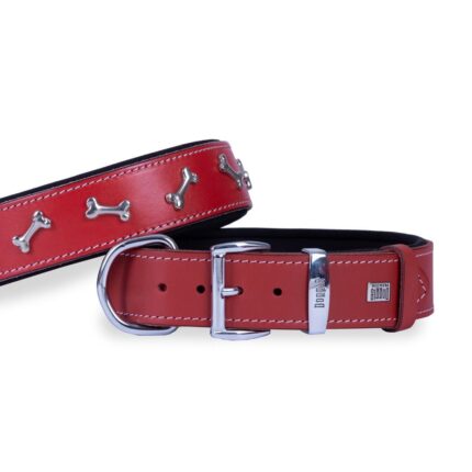 Doggie Konfor Deri Kemik Süslü Boyun Tasması Kırmızı 4X57-65Cm